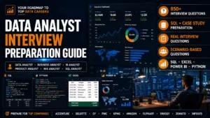 Premium thumbnail for Data Analyst Interview Preparation Guide covering SQL, Excel, Power BI, Python, dashboards, analytics, business case studies, and interview preparation.