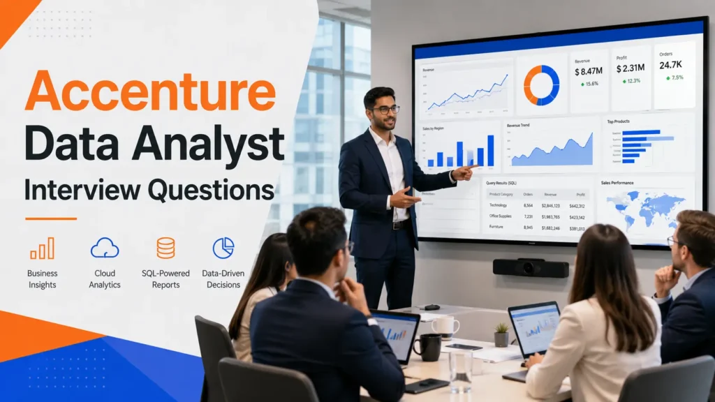 Data analyst presenting enterprise dashboards and business intelligence insights to stakeholders during a consulting engagement.