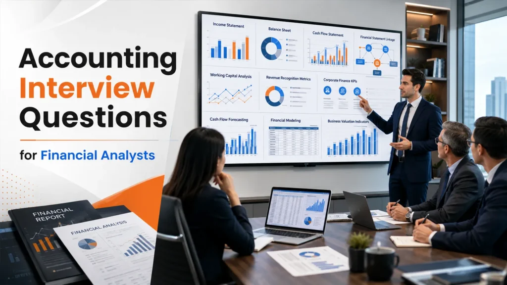 Financial analyst explaining income statement, balance sheet, and cash flow statement concepts during an accounting interview preparation session.