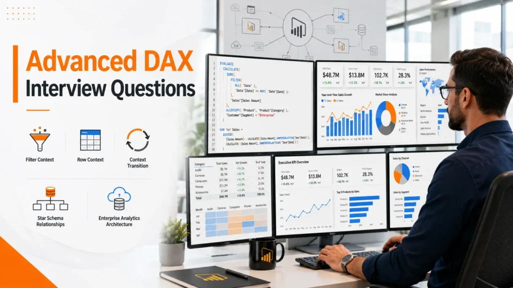 Power BI analyst solving advanced DAX interview questions using enterprise dashboards and business intelligence reporting.