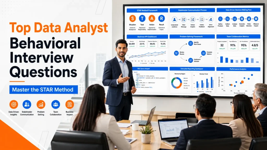 Data analyst presenting business insights and stakeholder communication strategies using the STAR method during a behavioral interview preparation session.