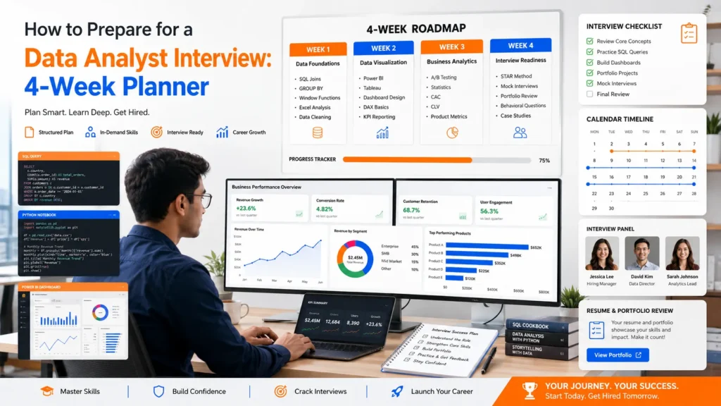 Data analyst preparing for interviews using SQL, Power BI, Python, statistics, case studies, and behavioral interview preparation across a structured 4-week study plan.