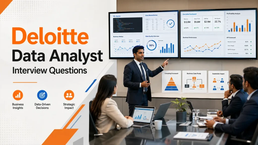 Data analyst preparing for Deloitte interview using SQL, Power BI, business case studies, and consulting analytics frameworks.