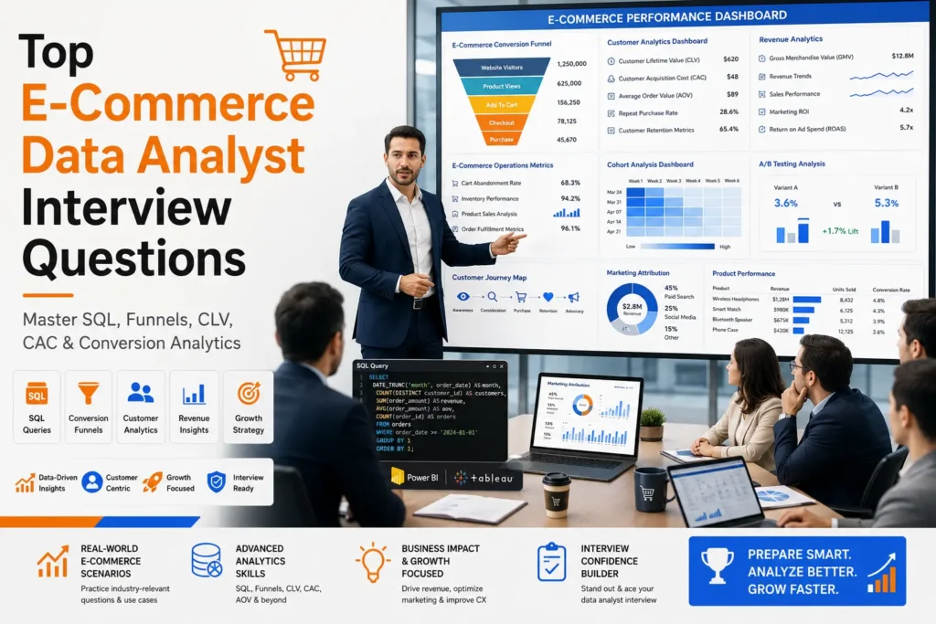 E-commerce data analyst presenting conversion funnel analysis, customer lifetime value metrics, and online sales performance dashboards to business stakeholders.