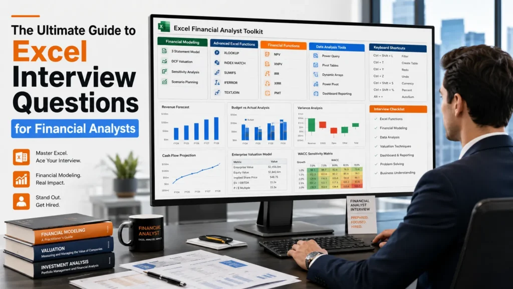 Financial analyst preparing for an Excel interview using financial models, XLOOKUP, Power Query, DCF valuation, sensitivity analysis, and advanced Excel functions.