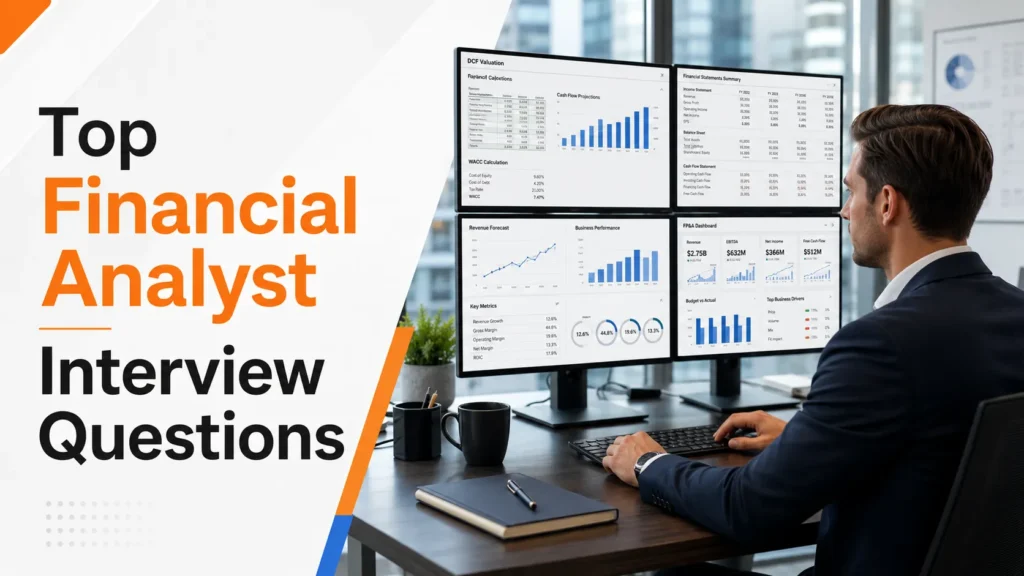 Financial analyst preparing for interview questions using valuation models, financial statements, and FP&A dashboards.