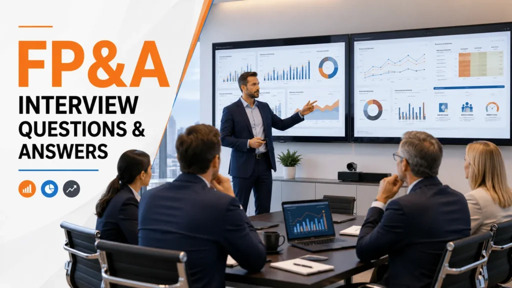 FP&A analyst reviewing budgets, forecasts, variance reports, and executive dashboards for interview preparation.