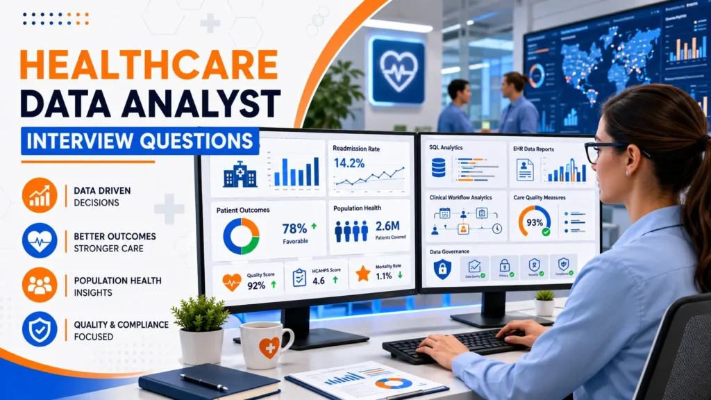 Healthcare data analyst reviewing patient outcomes, hospital dashboards, and clinical analytics reports for interview preparation.