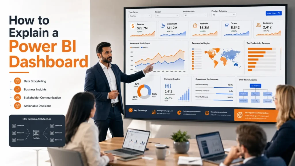 Power BI analyst presenting an executive dashboard and business insights during a data analyst interview.