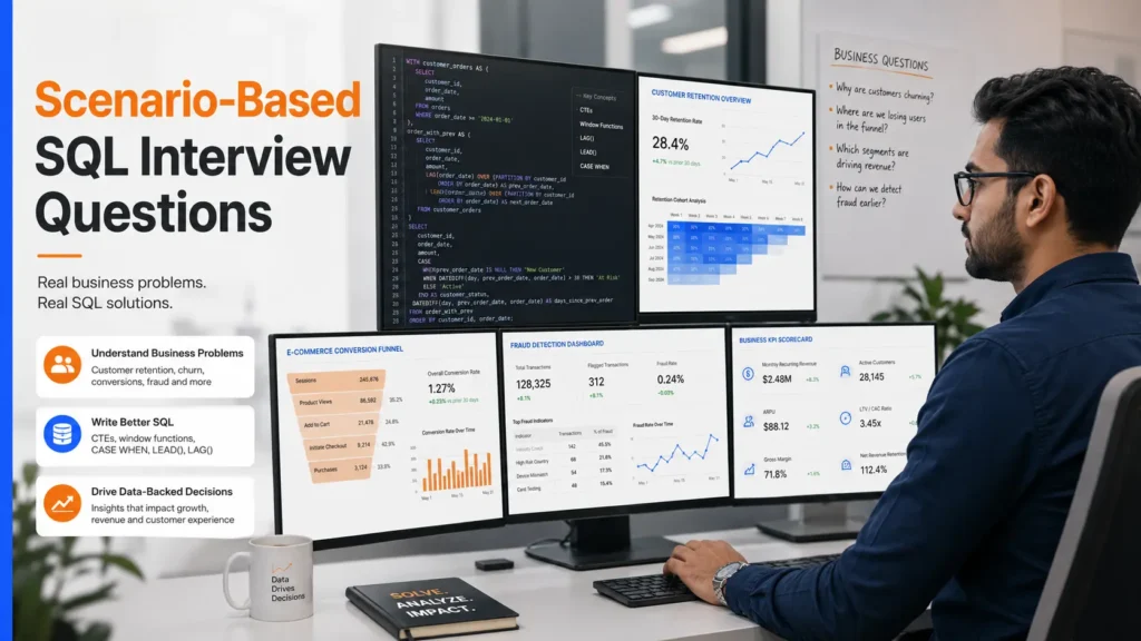 Data analyst solving scenario-based SQL interview questions using customer retention dashboards and business analytics.