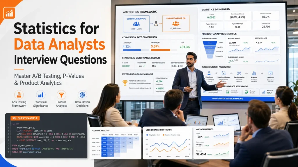 Data analyst presenting A/B testing results, statistical significance metrics, and product experimentation dashboards to business stakeholders.
