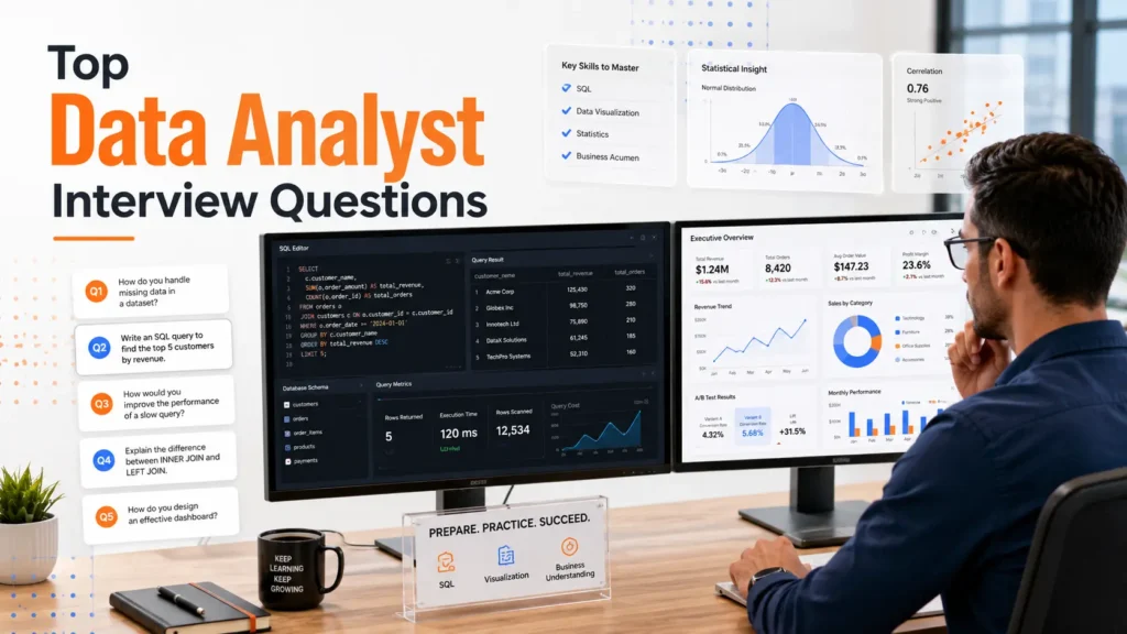 Data analyst preparing for interview questions using SQL dashboards, analytics reports, and business intelligence tools.