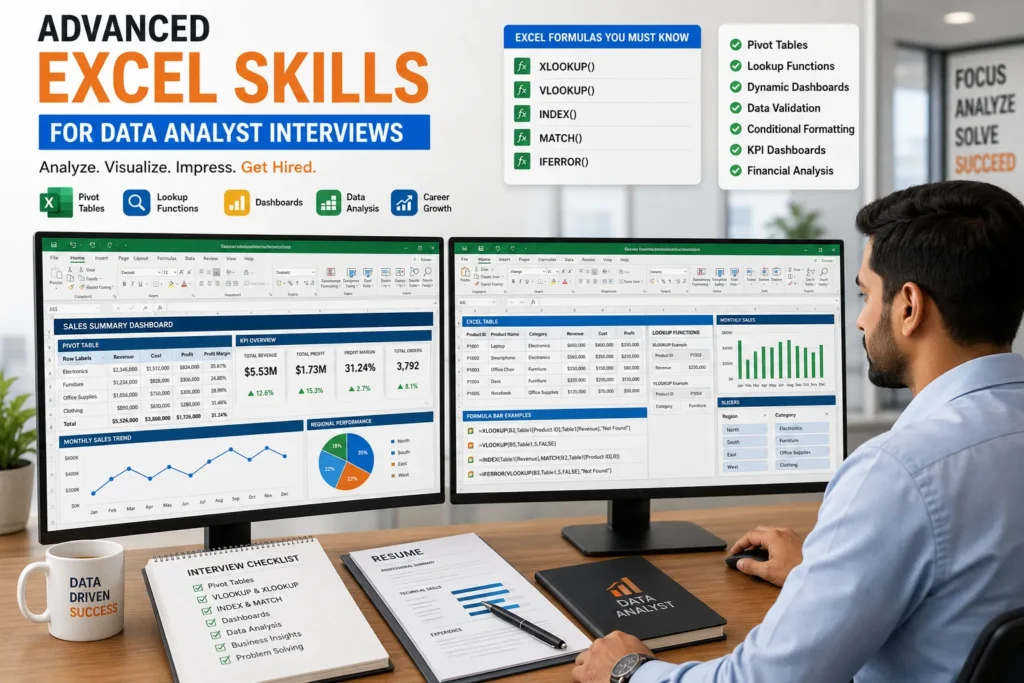 Data analyst using Microsoft Excel Pivot Tables, XLOOKUP, VLOOKUP, and dashboards while preparing for a technical interview.