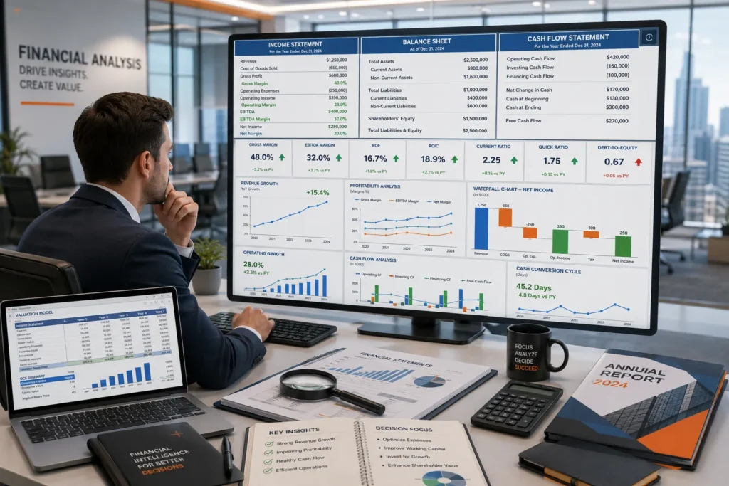 Financial analyst reviewing income statement, balance sheet, and cash flow statement while analyzing profitability, liquidity, leverage, and financial ratios for interview preparation.