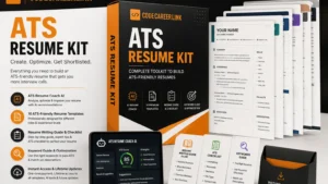CodeCareerLink ATS Resume Kit featuring 10 ATS-friendly resume templates, AI Resume Coach, resume writing guide, ATS checklist, and keyword optimization toolkit for freshers and professionals.