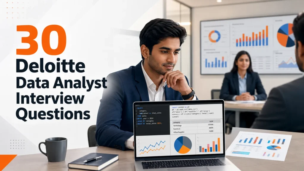 Top 30 Deloitte Data Analyst interview questions covering SQL, Python, Power BI and statistics