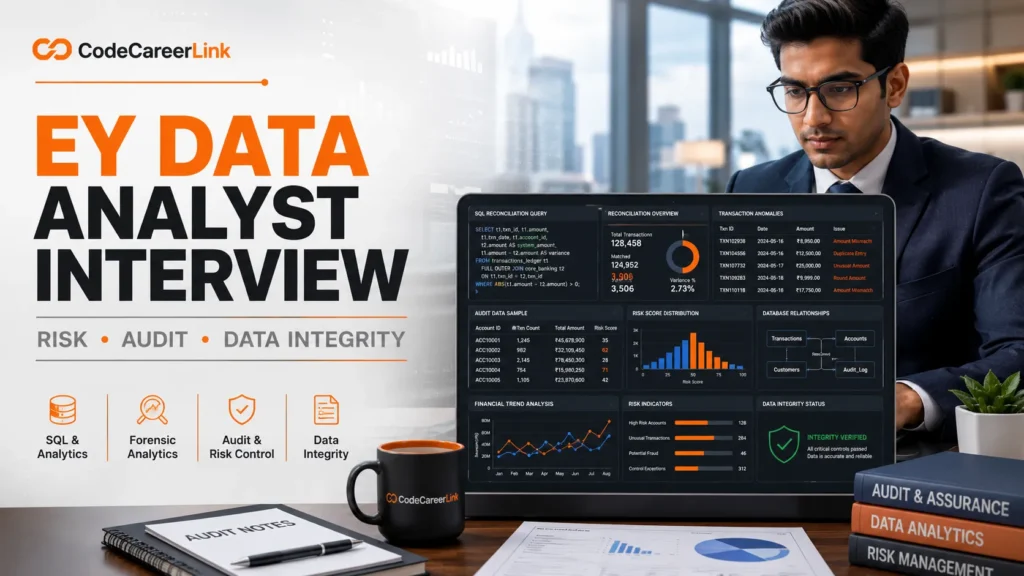 EY Data Analyst Interview Questions guide focused on audit, risk, SQL, and data integrity