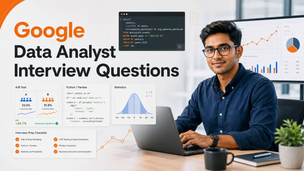 Google Data Analyst interview questions and preparation with SQL, Python, statistics, and analytics