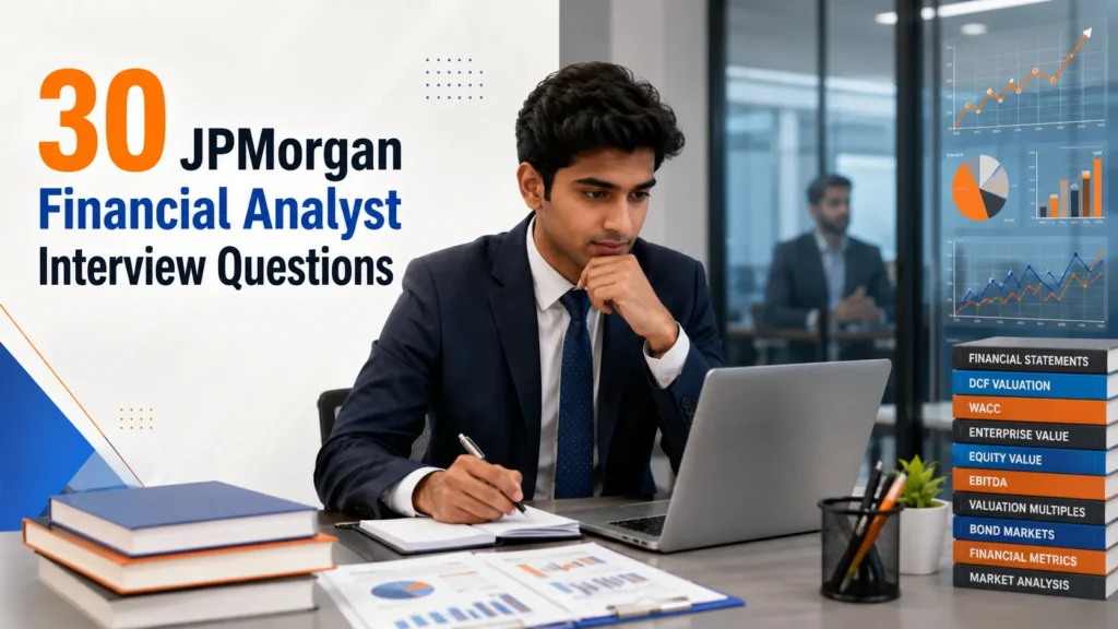 Top 30 JPMorgan Financial Analyst interview questions covering accounting, valuation, markets and behavioral topics