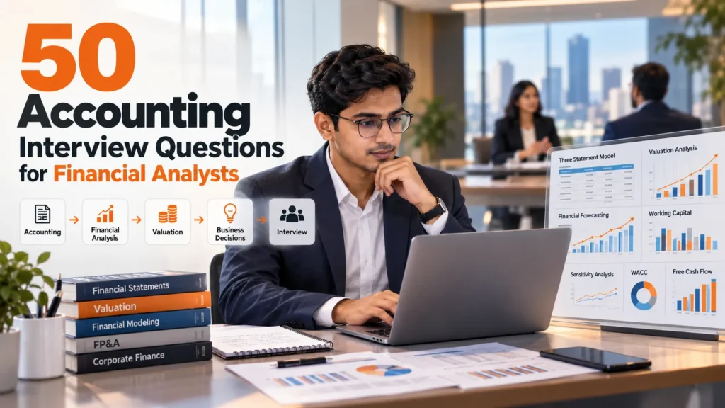 Top 50 accounting interview questions for Financial Analysts covering statements, valuation and FP&A