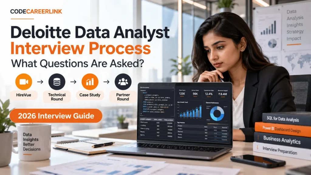 Deloitte Data Analyst interview process showing HireVue, SQL, case study and partner rounds
