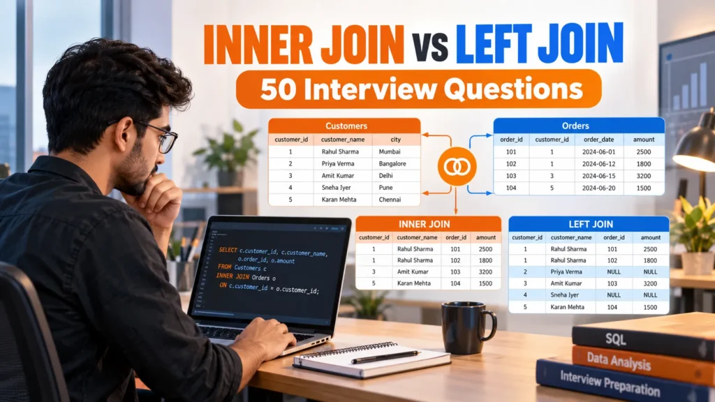 Top 50 INNER JOIN vs LEFT JOIN interview questions with SQL examples and answers