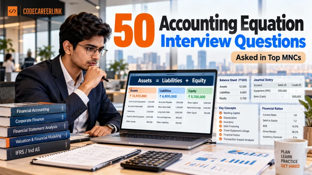 Top 50 accounting equation interview questions covering assets, liabilities, equity and financial statements