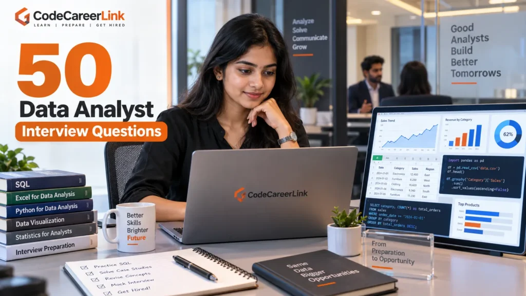 Top 50 Data Analyst interview questions for freshers covering SQL, Excel, Python and Power BI