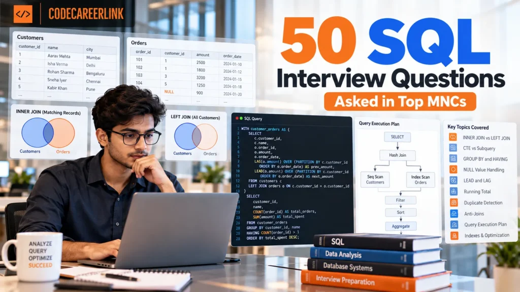Top 50 SQL interview questions covering joins, window functions, NULLs and query optimization