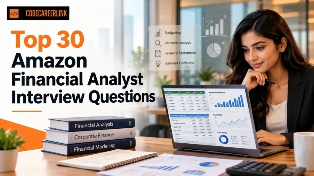 Amazon Financial Analyst interview questions and answers with a financial modeling dashboard.