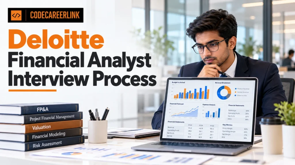 Deloitte Financial Analyst interview process guide featuring a candidate reviewing financial reports and dashboards.