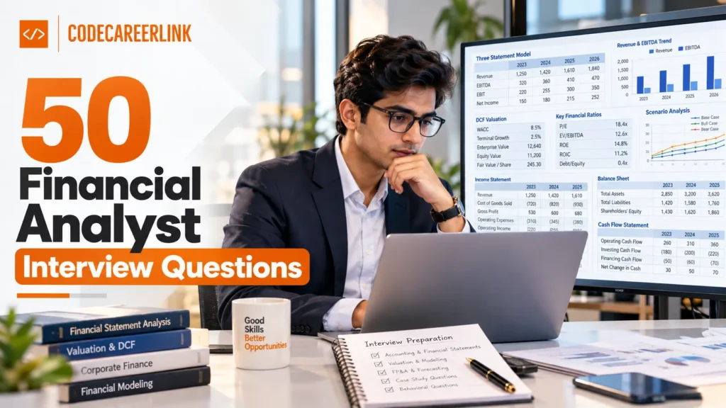 50 financial analyst interview questions covering accounting, valuation, modeling and FP&A