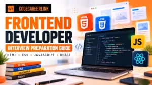 Frontend Developer Interview Preparation Guide covering HTML, CSS, JavaScript and React