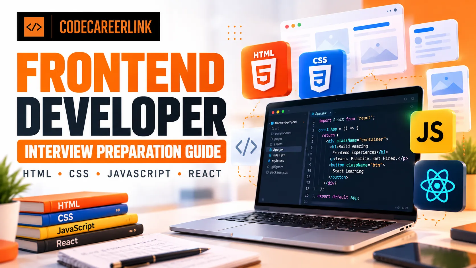 Frontend Developer Interview Preparation Guide covering HTML, CSS, JavaScript and React